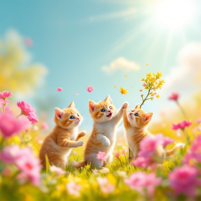 A playful scene featuring cute cats frolicking in a sun-drenched meadow. They're surrounded by vibrant pink flowers, with one cat joyously climbing a small tree. The sun shines brightly above, casting warm rays over the scene.