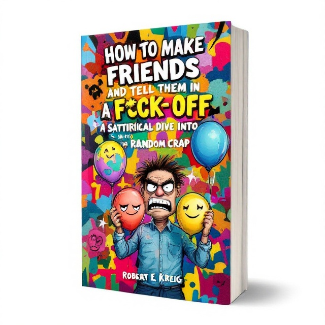 A bold illustration of a person with an exaggerated grumpy expression holding a large, colorful balloon in each hand. The balloons have faces drawn on them, depicting a range of emotions from laughter to anger. The background is a chaotic collage of vibrant, abstract patterns symbolizing the randomness mentioned in the subtitle.