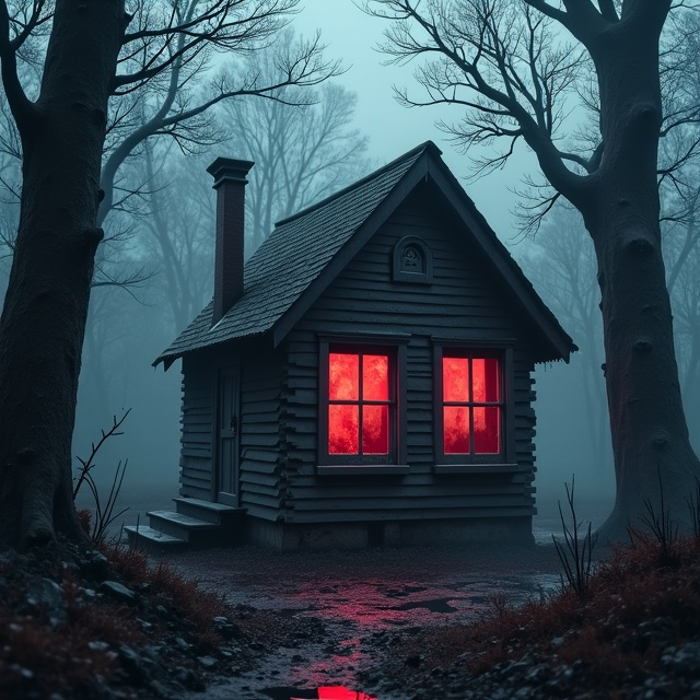 An eerie scene depicts a decrepit old cabin situated in the heart of ominous, dense woods. The trees are twisted and leafless, casting menacing shadows. The cabin's windows glaringly show smears of deep red blood from the inside, hinting at something sinister within. Wisps of fog encircle the area, enhancing the foreboding atmosphere.