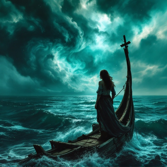 A mysterious seascape as the background with varying shades of turquoise and deep blue to create an otherworldly atmosphere. In the foreground, a noble, rugged captain with distressed clothing and a determination in his eyes stands beside a strong, caring mother. They both look intently over the ocean from the bow of an ancient ship with tattered sails, seeking something lost. Captured near the horizon are echoes and reflections of their faces in the swirling misty clouds above the sea, symbolizing their longing and search.