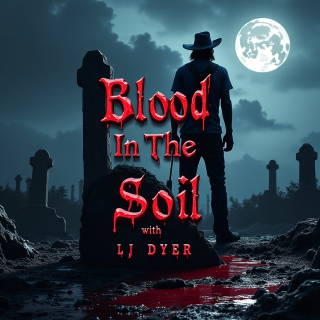 A hauntingly atmospheric night scene with a dark silhouette of a gravedigger clad in a tattered, rugged vampire hunter's attire, standing with a shovel next to a freshly dug grave. The ground appears wet, with glistening blood weeping from the soil. The backdrop is a moonlit sky shrouded with swirling dark clouds, and ominous shadows creep from the corners.