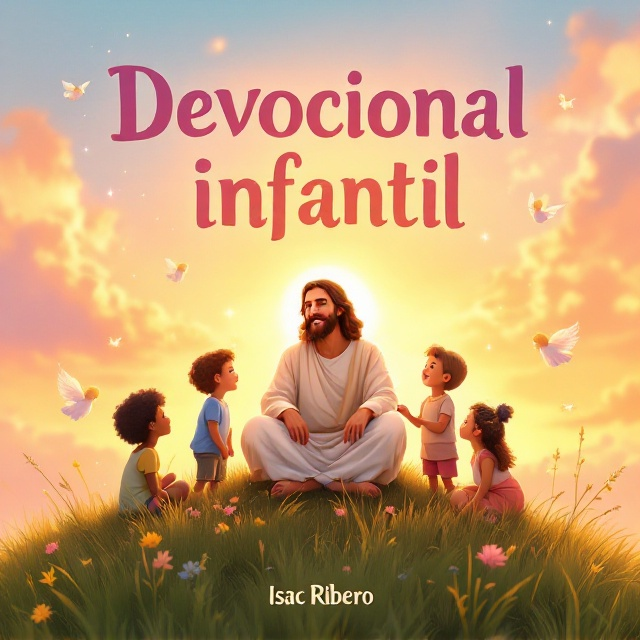 Jesus sits on a grassy hill surrounded by a small, diverse group of children, each engaged in conversation, laughter, and listening. The background features a gentle sunset with warm colors blending into each other, symbolizing peace and divinity. Subtle angelic motifs are woven into the sky, providing a heavenly touch.