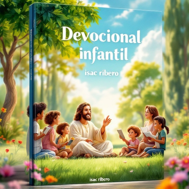 The cover features a realistic and warm scene with Jesus sitting on a lush green lawn, surrounded by children of various ages and ethnicities. Jesus is depicted with a welcoming smile, teaching as he gestures with his hand. The children are intently listening, holding scrolls or flowers, conveying an atmosphere of peace and love. In the background, there are tall, leafy trees, vibrant flowers, and a bright, clear sky, enhancing the feeling of harmony and warmth.