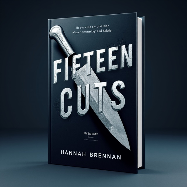 The cover features a large, gleaming knife slicing through the center of the book title "Fifteen Cuts." The knife has a realistic, metallic sheen and is angled diagonally across the cover. The background is a deep, dark blue, almost black, creating a stark contrast with the knife. The author's name, "Hannah Brennan," is subtly displayed below in an understated, light gray color.