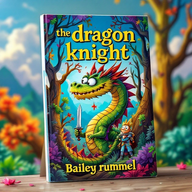 The cover features a whimsical dragon with exaggerated, friendly eyes and vibrant scales in a mix of green, purple, red, and blue. The dragon is playfully entangled in a forest of oversized, comic-style trees. A knight with a comically perplexed expression stands beside the dragon, holding a non-threatening, rubber-looking sword. The background is a bright and colorful sky, giving it a cheerful, adventurous vibe.