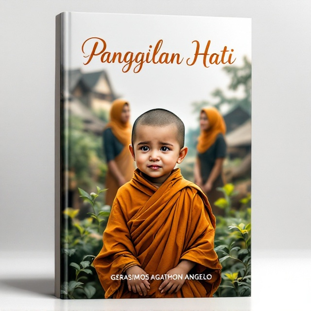 A serene scene depicting a small child in the center wearing a monk's robe. This child stands amidst a beautiful, traditional Javanese village setting, with sloping roofs and lush greenery. Behind the child, two women and a man are depicted with expressions of support and enthusiasm. The child's face reflects a blend of emotions - sadness, tiredness, happiness, and gratitude. The background is predominantly white, allowing the vibrant colors of the robes and village to stand out.