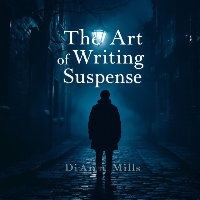 A shadowy figure standing with their back to the viewer on a narrow, cobbled street under a dimly lit street lamp. The scene is enveloped in a dark blue hue, with subtle fog adding a sense of mystery and depth. The focus is on the tension between light and shadow, drawing the viewer into the suspenseful setting.