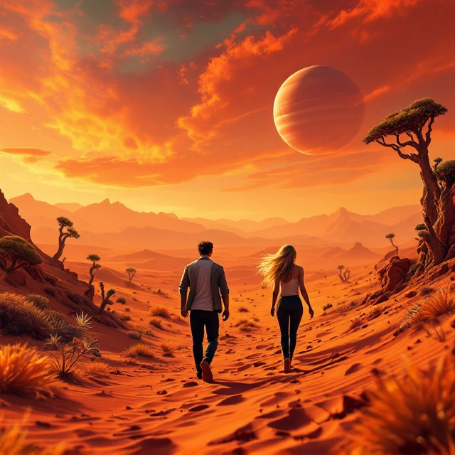 A mesmerizing scene of a Martian desert with rich red sands sweeping across the foreground. A handsome man with tanned skin and dark brown hair walks purposefully to the right, flanked by a beautiful woman with flowing blonde hair. Around them, exotic and strange trees with vibrant canopies and peculiar, entrancing plants create a surreal landscape. The backdrop features a range of distant mountains, and the sky is painted with a stunning mix of red, orange, and yellow hues, highlighting a visible neighboring planet.