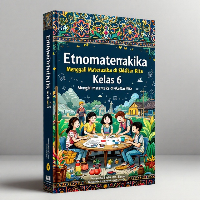 A rich and textured design featuring a traditional batik motif at the top in the style of Kawung or Mega Mendung, rendered in calming deep blue. In the center, a vibrant illustration of diverse students enthusiastically gathered around a table, using traditional tools for measurement like a jengkal and tobung, intermingled with simple mathematical diagrams and symbols. At the bottom, an engaging scene of a bustling traditional market and a farmer, symbolizing the practical application of mathematics in daily life.