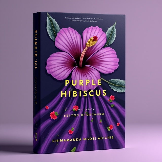 The cover features a large, detailed illustration of a vibrant purple hibiscus flower. Its petals have splashes of deep red, suggesting blood. Emerging from within the flower's petals are delicate plaits of hair intertwined with vines, invoking a sense of entanglement and repression. At the bottom of the cover, a long, flowing purple skirt with a floral pattern is draped, its motion captured as if caught in a breeze. Lying subtly on one of the petals is a single, striking lipstick, its color deep crimson, standing out against the purple.