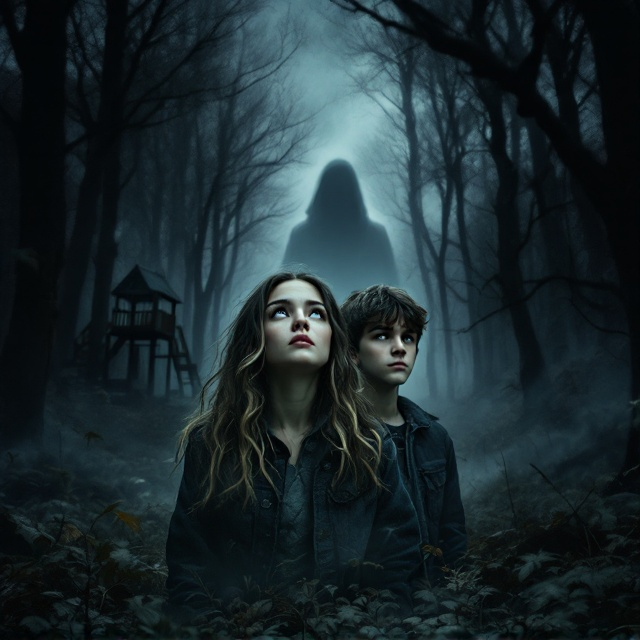 The cover features a girl resembling Elena from the first season of "Vampire Diaries" with a round face and chocolate brown hair accented with blonde highlights, staring enigmatically up at a stormy sky. Positioned a little behind her, a boy with dark brown hair and piercing hazel eyes scans the eerie, fog-laden surroundings. The sinister woods envelop them, their feet shrouded in mist, adding layers of suspense and fear. In the background looms an indistinct shadow, hauntingly vague yet palpable, and off to one corner, the dilapidated structure of an abandoned playground adds an unsettling touch of nostalgia amidst the gloom.