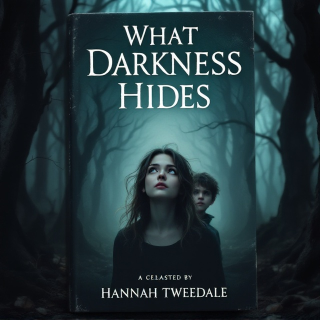 The cover features a dimly lit, eerie forest shrouded in fog, with twisted trees creating shadowy patterns. In the foreground, a girl reminiscent of Elena from Vampire Diaries Season 1, with chocolate brown, slightly wavy hair and blonde highlights, is gazing upward, capturing a sense of wonder and trepidation. Behind her stands a young boy, with striking dark brown hair and hazel eyes, cautiously looking around, indicating alertness. A vague shadow lurks in the background, adding to the suspense. An abandoned playground, barely visible, occupies the corner, hinting at forgotten stories and childhood innocence lost.