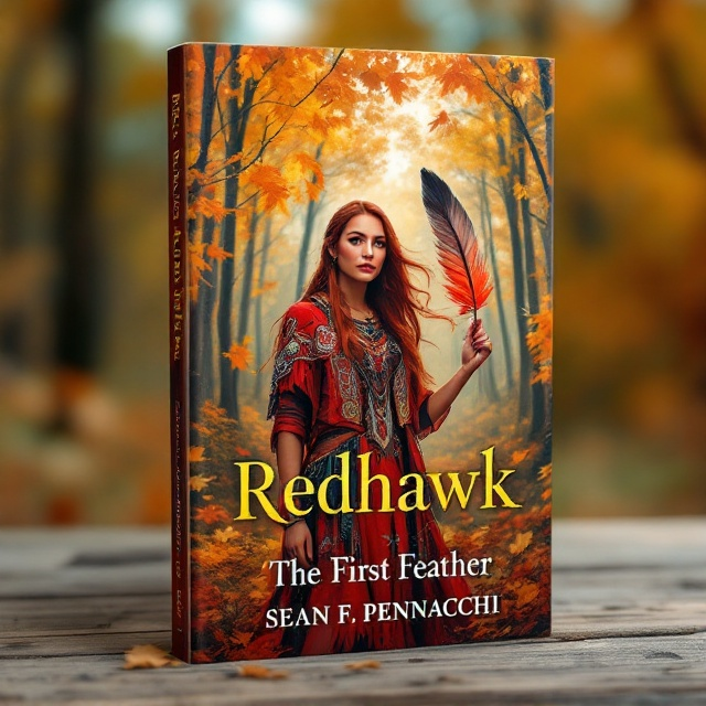 The cover features a bold, vibrant depiction of a Cheyenne woman standing tall in a forest clearing bathed in autumn hues. Her beautifully embroidered buckskin tunic draws in traditional patterns, and red and black war paint accentuates her intense expression. Her ginger red hair flows in the breeze, contrasting against the radiant backdrop of fall leaves. In her hand, she holds a single, striking Red Hawk feather that symbolizes strength and leadership. The scene is captured with a painterly style to evoke a sense of historical resonance and emotion.
