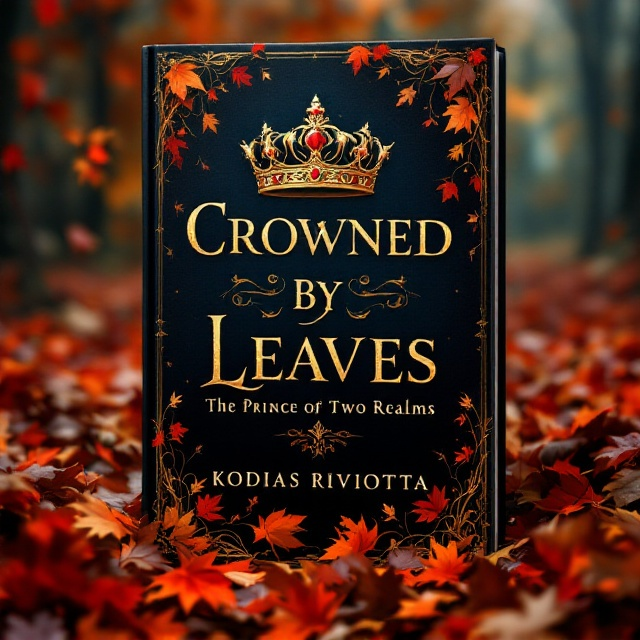 A mystical forest scene featuring a dense carpet of vivid autumn leaves in rich oranges and deep reds. Above the leaves, an elegant royal crown adorned with red jewels sits majestically behind the book title, "Crowned by Leaves The Prince of Two Realms." Leafy tendrils weave around the edges, adding a whimsical touch to the dark, enchanting mood.