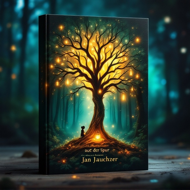 The cover features a mesmerizing enchanted tree at its center, its branches glowing with warm, ethereal light. Nestled under the tree is a small, whimsical Wichtel, holding a glowing lantern that casts a soft, enchanting glow around him. The background is a lush depiction of a forest using rich, dark green and deep blue tones, sprinkled with hints of sparkling light to evoke a sense of magic. Soft gradient transitions between colors enhance the mysterious and magical atmosphere.