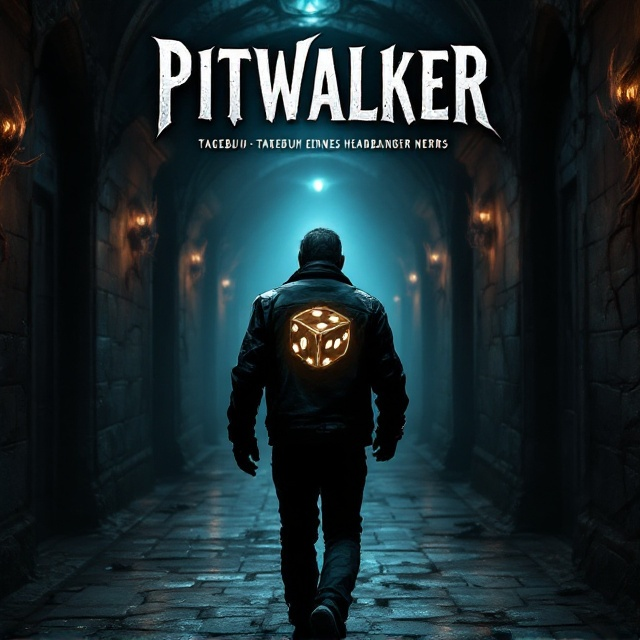 A dark, dimly lit corridor stretches out, with twisted, shadowy demons lurking in the corners. A solitary figure walks down the corridor with his back to the viewer, wearing a black leather jacket that prominently features a detailed, glowing 20-sided die. The jacket appears worn but structured, giving an introverted yet proud stance. The corridor walls have elements of fantasy and horror etched into them, reminiscent of medieval dungeons.