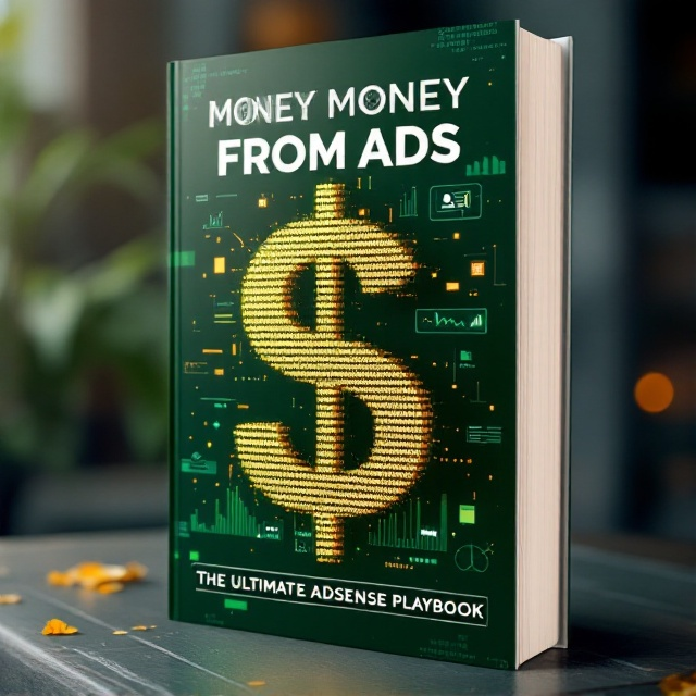 A large dollar sign made of digital pixels serves as the central element, symbolizing the connection between money and digital advertising. Around it, small icons of ads and analytics are subtly integrated into a background that represents a digital dashboard. The color palette primarily uses green, gold, and white to convey wealth and success.