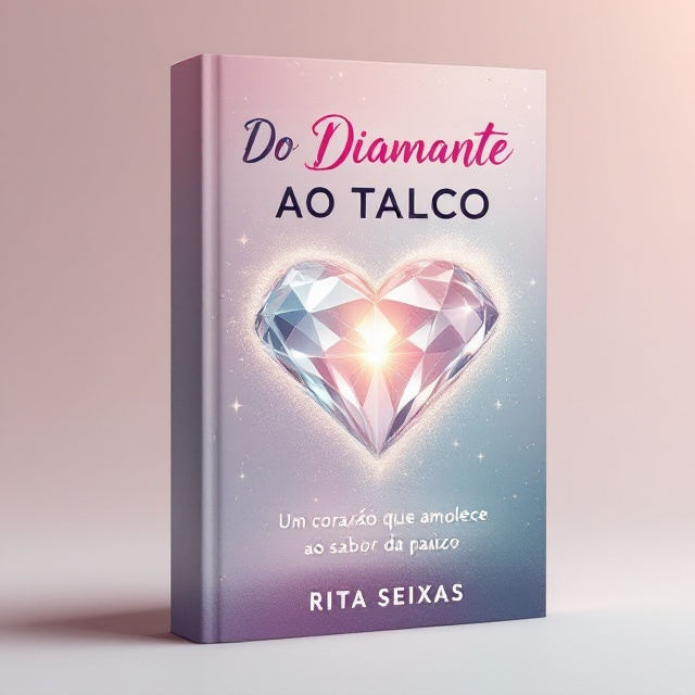 The cover features a striking visual metaphor of a heart transitioning from a diamond to talc. Starting from the top left, a brilliantly faceted diamond heart transforms gradually across the page, becoming softer and more powdery, until it reaches the bottom right where it resembles talc. This transformation symbolizes the evolution of the characters' relationship. In the background, subtle, muted colors like soft pinks and blues suggest romance and tenderness. Throughout the gradient, sparkling little stars or light fragments highlight the transformation process, adding a touch of magic.
