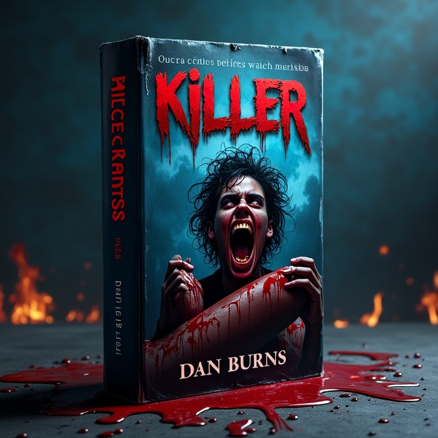 A chilling visual scene depicting a madman with a crazed expression devouring a woman under a dark blue sky with fiery accents. The man's face is smeared with blood, creating a stark contrast with the predominantly black color scheme. Blood streams from the woman's body, adding a gruesome yet captivating element. The fire subtly illuminates the scene, casting sinister shadows.