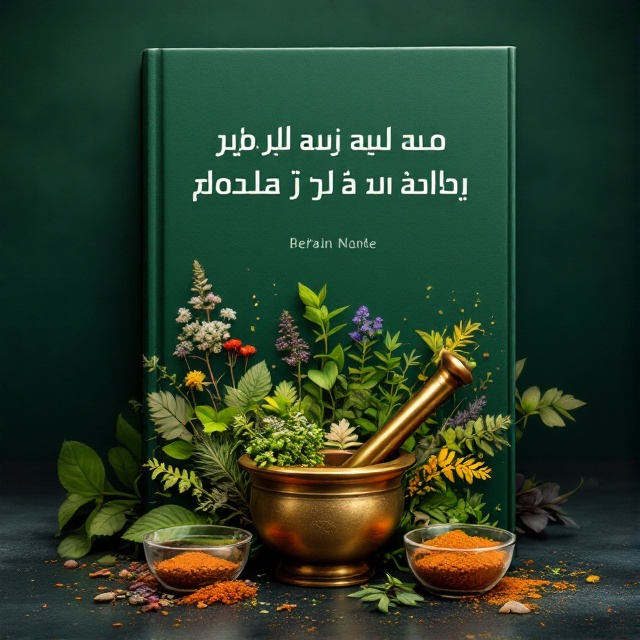A rich dark green background fills the cover, symbolizing nature and health. Central to the cover is a cluster of various medicinal herbs, artistically surrounded by small glass bowls filled with vibrant herbal powders. A classic brass mortar and pestle rest prominently in the foreground, symbolizing traditional herbal preparation.