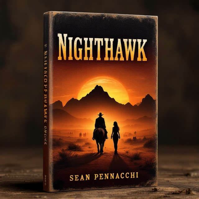 The cover depicts a vast, dusty Western landscape at sunset, with silhouettes of a determined man on horseback and a striking woman standing in his path against a glowing horizon. In the background, a looming dark mountain range is subtly shaped like a hawk, adding mystery. The sky transitions from deep orange to a twilight blue. Faint outlines of a vigilante mob are visible in the distance.
