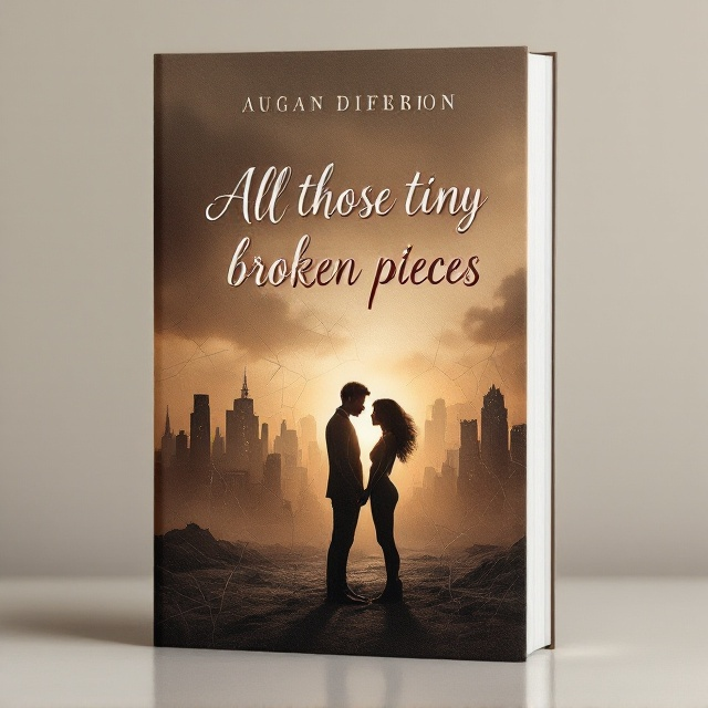 The cover features a silhouette of an African American couple standing intimately close, facing each other. Behind them, a dystopian cityscape fades into the background, showing crumbling buildings and a sky tinged with melancholy. The scene is enveloped in a gradient of brown hues, transitioning from deep chocolate at the top to a subtle sandy brown at the bottom. Shattered glass effects overlay parts of the cityscape, symbolizing broken pieces, while gentle light shines down on the couple, representing hope and redemption.