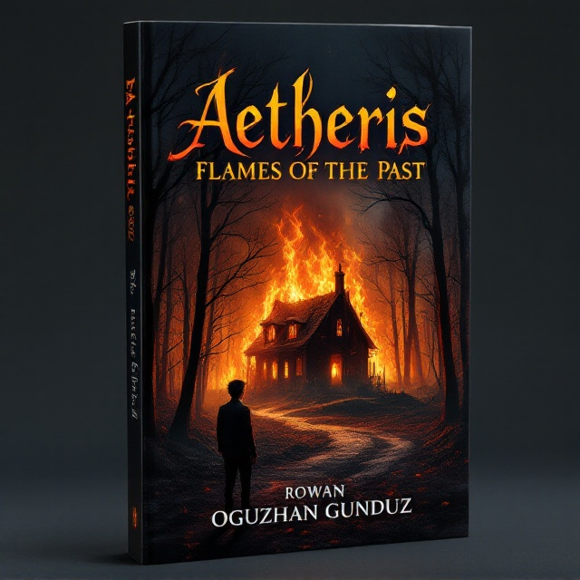 The cover features a haunting scene of a forest at night, with a solitary, charred house engulfed in engulfed flames. A young male character, Rowan, stands in the foreground, his expression a mix of sadness, curiosity, and determination. The forest's dark trees frame the scene, casting shadows, while the vivid flames contrast sharply against the black sky.