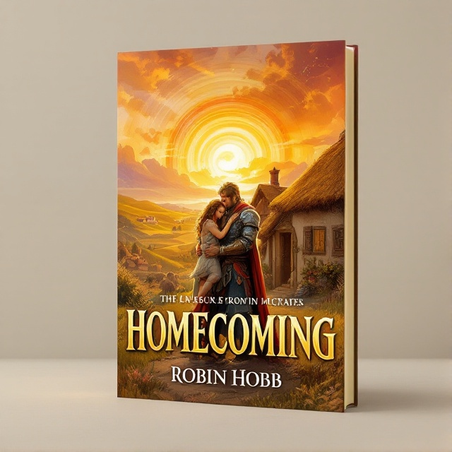 A vivid illustration depicting a strong, armored warrior embracing his wife and child standing at the threshold of a quaint, thatched-roof cottage under a radiant sunset. In the background, elements like hills, a village, and a rainbow symbolize peace and completion. The colors are warm, with golden tones accentuating a joyful and serene atmosphere.