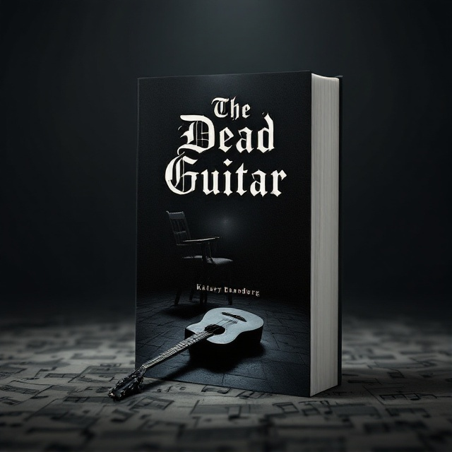 A dark, dimly lit room with an overturned chair and a lonely guitar laying on the floor. The shadows in the room are elongated, creating a haunting atmosphere. A single spotlight from an unseen window casts a faint spotlight on the guitar, revealing its intricate details. The background houses blurred outlines of music notes, fading into darkness.