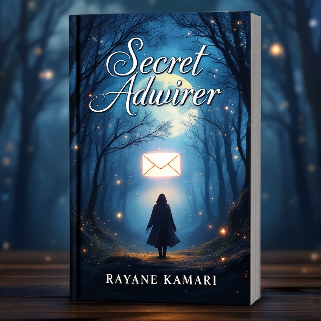 A mysterious moonlit forest with shimmering enchanted trees, a silhouette of a cloaked figure standing at the edge, a glowing envelope floating in the air symbolizing a secret message. The background is filled with soft magic sparkles and ethereal mist, creating a dreamy and mystical atmosphere.