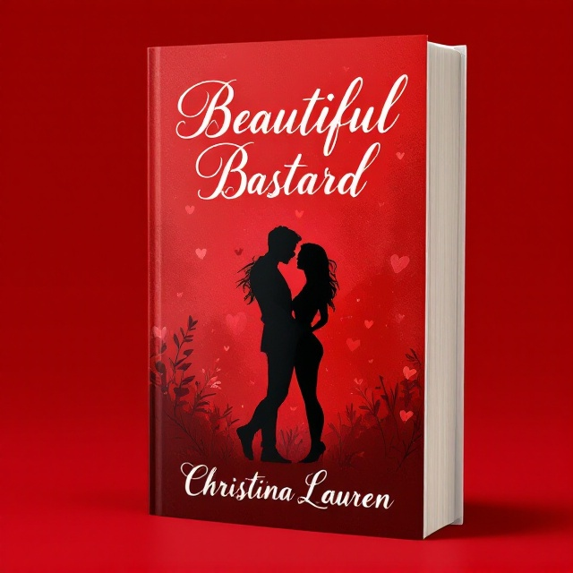A minimalistic illustration of an abstract silhouette of a couple in a romantic pose, drawn with bold lines and contrasting shades of red and black. The background is a vibrant red gradient, featuring subtle heart shapes and soft textures. This creates a dynamic and intriguing center to the cover, defining the romantic and sexy feel.