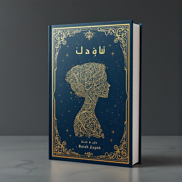A silhouette of a woman gracefully interwoven into intricate, traditional Iranian patterns is the central focus. The background is a deep, rich blue with gold Bateh Jaqeh motifs subtly embossed across the surface, creating a sense of depth and cultural richness.