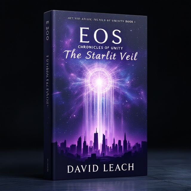 A vast, starry galaxy spans the cover, centering around a glowing, ethereal veil. Below, a silhouette of a futuristic cityscape with sleek, towering structures blends into the cosmos. Soft beams of light emanate from the veil, casting an enchanting glow over the scene. The color palette features deep purples, blues, and hints of silver, with subtle nebula textures swirling in the background.