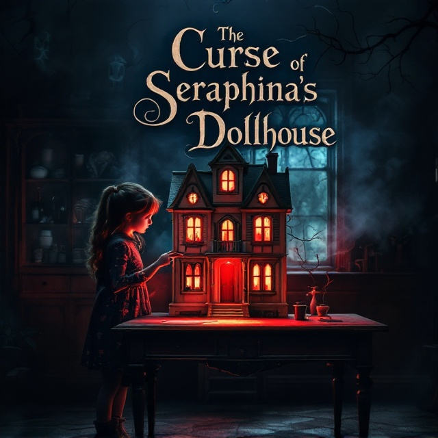 The cover features a dimly lit room with shadows creeping along the walls. In the center, a beautifully crafted, almost ethereal dollhouse sits on a wooden table. A 10-year-old girl with an expression of both wonder and fear gazes into the dollhouse, her finger gently touching one of its intricately designed windows. The dollhouse is illuminated from within with an unsettling red glow, casting eerie shadows that dance around the room. Dark tendrils of mist subtly weave through the scene, adding an element of supernatural mystery and suspense.