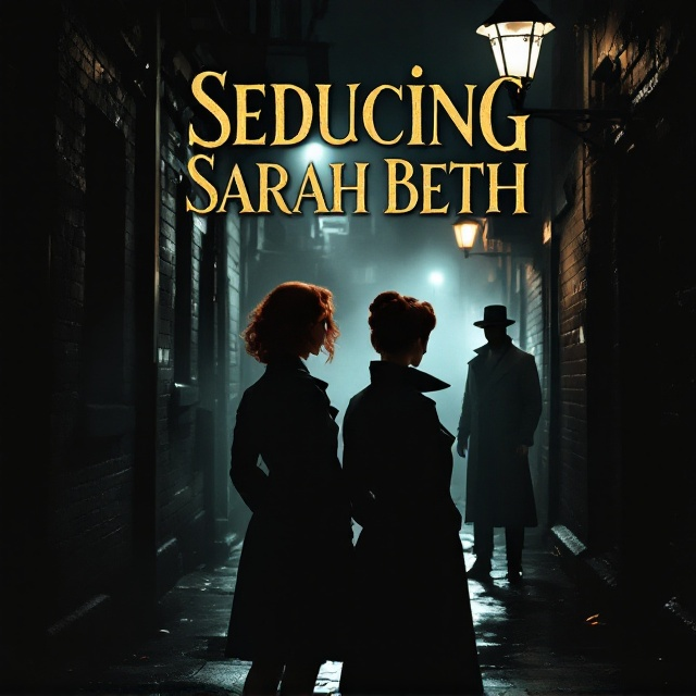 The cover features a gloomy, dimly-lit alleyway reminiscent of film noir. In the foreground, two women, one White with auburn hair and the other Black with an elegant updo, stand back-to-back, casting long shadows. Both women wear vintage-style trench coats that add to the mysterious atmosphere. Standing a distance behind them is a tall Black man in a period-appropriate fedora and trench coat, partially obscured by shadow and mist, further enhancing the suspense. The title, "Seducing Sarah Beth," is superimposed in the upper portion of the cover, with a faded streetlamp illuminating the text.