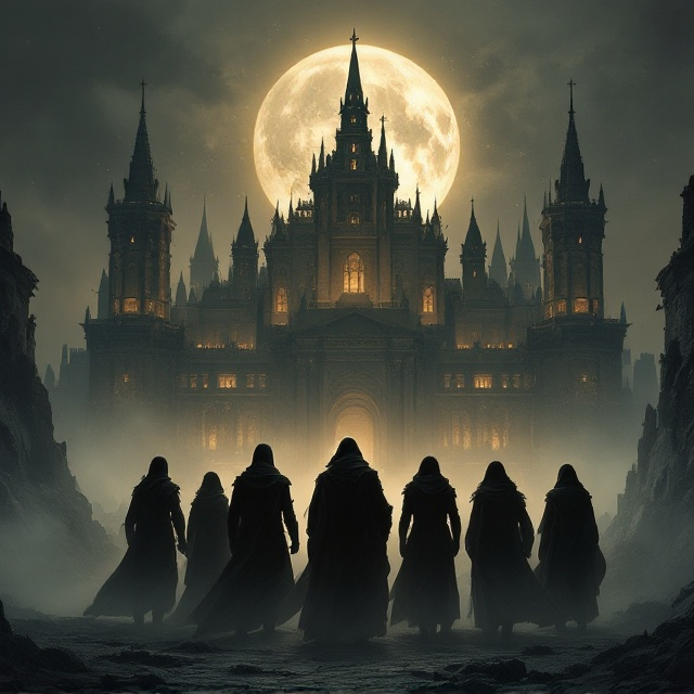 The cover features a majestic ancient kingdom in the background, shrouded in mystique, under a moonlit sky. In the foreground, seven shadowy figures stand together, exuding a sense of camaraderie and mystery. The scene is bathed in a sepia-toned light, emphasizing elements of nostalgia and memory. Wisps of fog swirl around the heroes, hinting at unfolding adventures and deep-seated emotions.