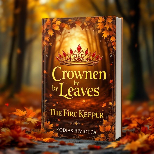 The front cover features a mystical forest bathed in the golden hues of autumn. In the center, a delicate crown fashioned from intertwined autumn leaves is adorned with sparkling red jewels, casting reflections that bring depth to the scene. The entire scene is encased in a whimsical leafy border, adding an ethereal feel.