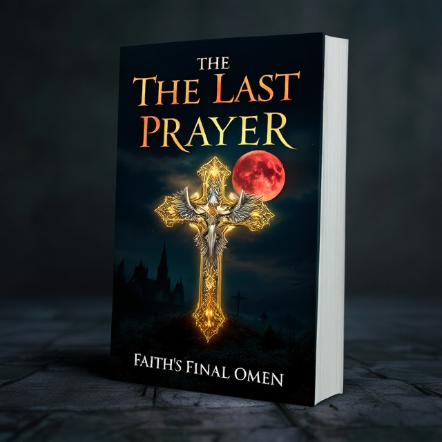 The cover features a distant, shadowy church that looms under a dark, brooding sky. In the foreground, an intricate, luminescent cross glows in a pastel yellow hue. The sky presents a striking half-yellow, half-red moon, with colors seamlessly blended, casting an ethereal glow. Small angel wings protrude subtly from the cross, adding an unsettling yet divine element. The title, "The Last Prayer VIII Faith's Final Omen," is boldly displayed in a blend of half-red and half-yellow colors, a haunting yet sacred font style.