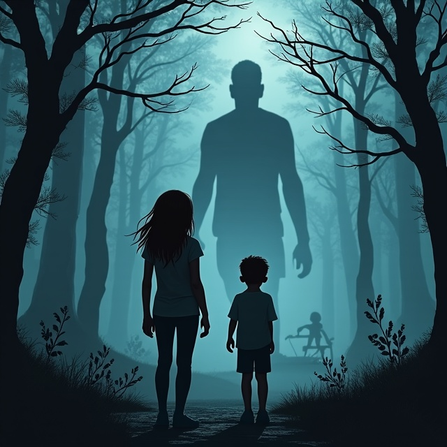 A dark, misty forest scene dominates the cover, creating an eerie and suspenseful atmosphere. In the foreground, a girl resembling Elena from Vampire Diaries, with chocolate brown, slightly wavy hair and blonde highlights, looks intently at the sky. A boy with dark brown hair and hazel eyes stands slightly behind her, scanning the surroundings with a watchful gaze. His cheekbones are pronounced, enhancing his character's intrigue. The fog at their feet thickens towards the background, where the silhouette of a monstrous shadow looms ominously. An abandoned playground with a hint of a small female body lies in the corner, adding to the mystery. The dark tones of the forest contrast with the highlighted figures to draw focus.