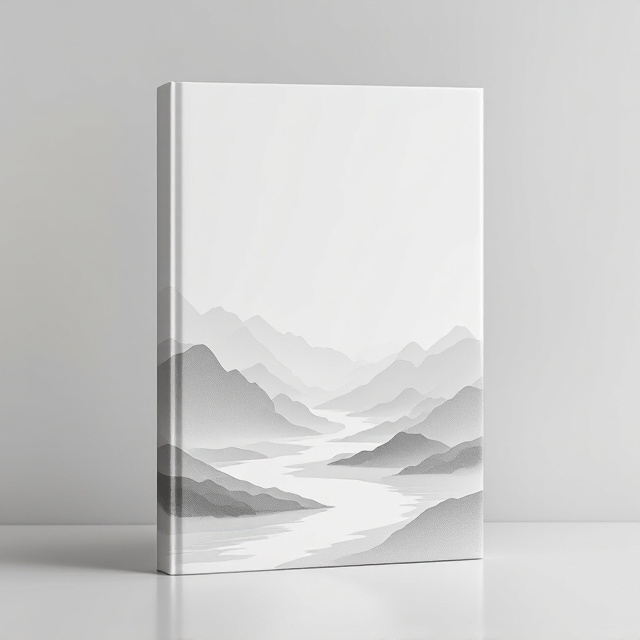 A serene and minimalistic design featuring a monochromatic abstract landscape of a river flowing through subtle mountain outlines. The color palette is muted greys and whites to reflect simplicity with an overlay of soft textures to give a hint of depth.