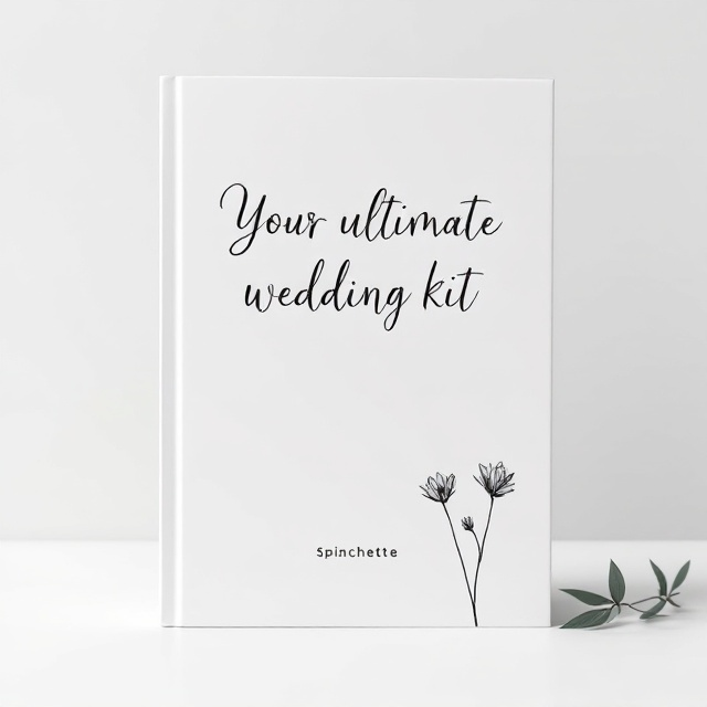 A sleek cover with a pure white background. Centered at the top are the words "Your Ultimate" in a delicate handwritten script, slightly italicized. Directly underneath in larger letters is "Wedding Kit" in an elegant, timeless serif font. In the bottom right corner, two simple, hand-drawn black flowers are placed, adding a subtle romantic touch.