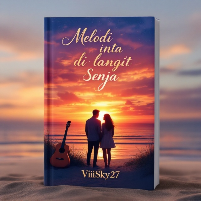 A couple silhouetted against a vibrant, fading sunset on a serene beach. The sun dips below the horizon, casting an array of warm oranges, purples, and pinks across the sky. In the foreground, a guitar leans against a sand dune beside the couple, subtly emphasizing the music theme.