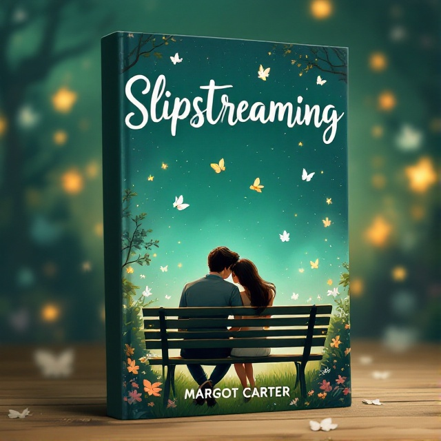 A cartoon-style illustration of a couple leaning towards each other on a lush garden bench surrounded by whimsical butterflies. The background features a dreamy bottle green skyline with soft, glowing stars scattered throughout, enhancing the romantic ambiance.