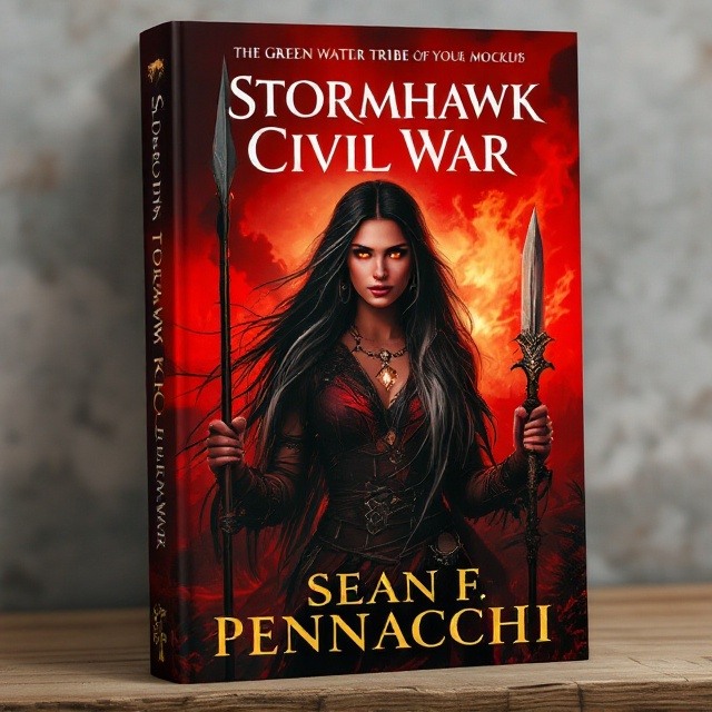 Stormhawk stands at the forefront, her poised figure dominating the cover. Her long dark hair, streaked with silver, flows majestically around her shoulders. Her piercing amber eyes are illustrated to glow with an ethereal intensity. Behind her, the vivid backdrop of the Green Water Tribe's camp is visible, with lush, vibrant foliage and rising campfire smoke, adding depth and context. The weaponry—a spear in one hand and a ceremonial knife in the other—gleams subtly, emphasizing her power and leadership. The primary colors of red and black create a dramatic contrast, highlighting the emotion and tension of the scene.