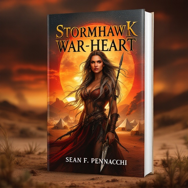 Stormhawk is depicted as a formidable presence at the center of the cover, her figure accentuated by her flowing, silver-streaked hair that blends into the dramatic reds and blacks of a setting sun. Her amber eyes seem to radiate against the backdrop of the Green Water Tribe's camp, where the silhouettes of tents and rising smoke suggest a world bustling with life and stories. The desert landscape stretches in the foreground, lending a sense of vastness and mystery, with subtle hints of flora skimming the lower edge of the cover. Her spear and ceremonial knife glisten softly, signifying strength and authority.