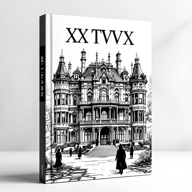 A monochromatic theme featuring a lavish 20th-century Victorian mansion in an artistic black-and-white sketch style. The mansion is centrally positioned, with intricate details highlighting opulent fixtures like ornate windows, towering chimneys, and intricate façade carvings. In the foreground, shadowy figures are subtly visible, suggesting a haunting presence. A luxurious sheen is added, casting highlights that convey an air of exclusivity and mystery.