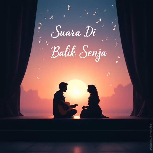 The cover features a soft, pastel-hued sunset in the background, casting a gentle glow over a dimly lit stage. Silhouettes of Dimas, with an expressive stance playing the guitar, and Lisa, gazing at him in fascination, are central to the scene. Around them, flowing musical notes gently ascend into the sky, blending with the sunset colors.