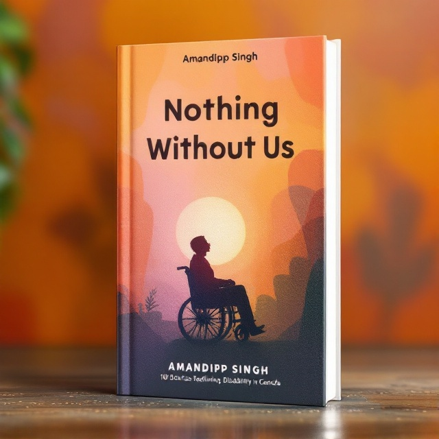 A silhouette of a person seated in a wheelchair, with a gentle yet determined expression, is set against a vivid, warm-hued abstract background. In the foreground, a slightly transparent overlay of Braille dots creates a pattern, adding a tactile visual effect.