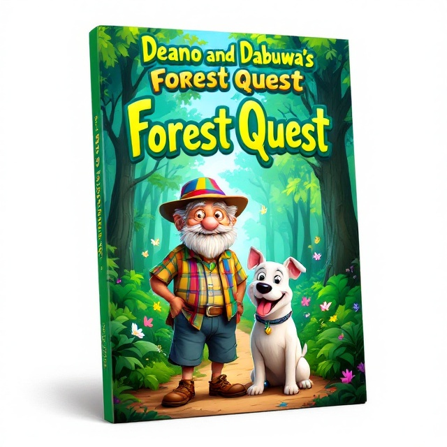 A vibrant, colorful cover featuring Deano, an old man with a friendly face wearing a colorful hat, a plaid shirt, and comfy shorts. He stands at the forefront alongside a cheerful white bull terrier, Dabuwa, with expressive eyes and tongue out. They are surrounded by a lush green forest, filled with tall trees and fluttering, whimsical butterflies. A playful, winding path stretches into the depth of the forest, hinting at an adventure.