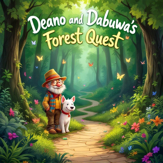 An illustration of Deano, the old man, smiling kindly, wearing a colourful hat and plaid shirt, accompanied by Dabuwa, a cheerful white bull terrier with expressive eyes and a playful expression. They are positioned in the foreground, slightly to the left, as if about to step onto a whimsical, winding path leading deeper into a lush green forest. In the background, tall trees and thickets are visible, with vibrant butterflies fluttering around, adding a touch of magic and whimsy to the scene.